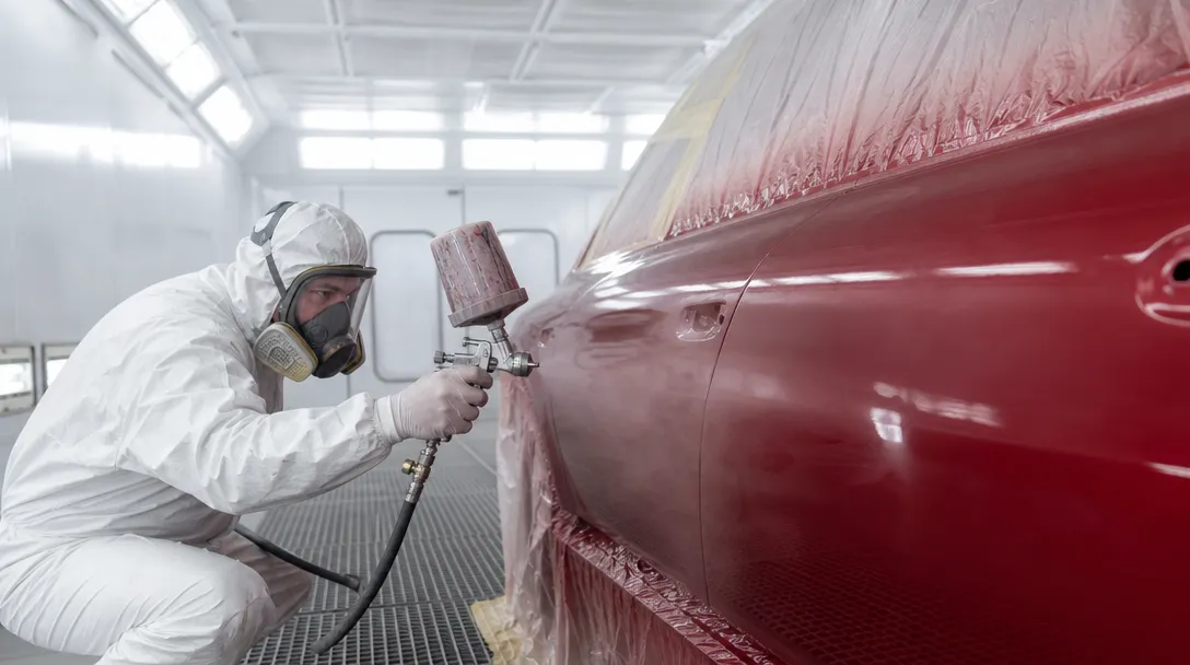 Proses penyemprotan base coat di dalam spray booth — ilustrasi AI placeholder